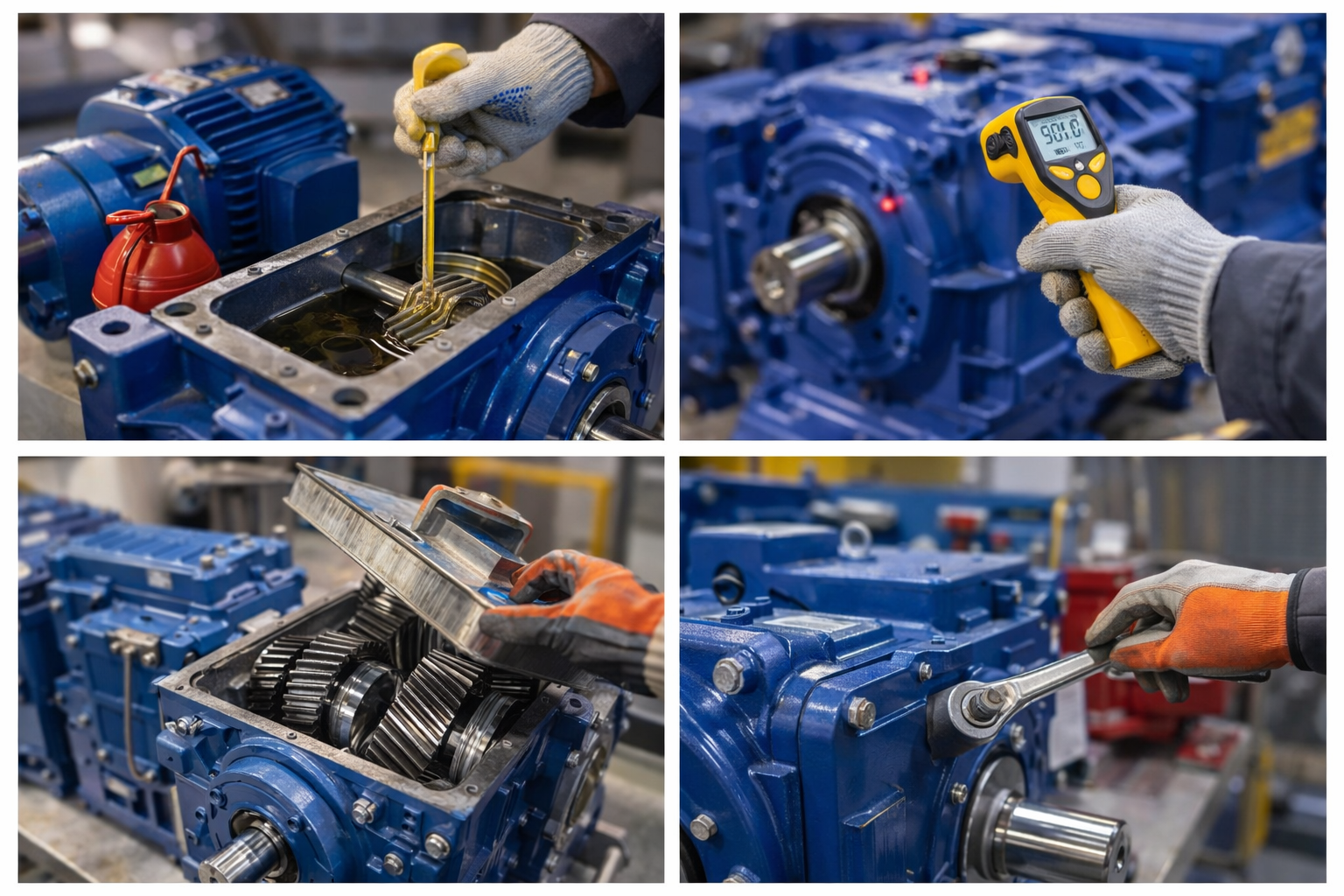 Industrial gearbox maintenance process showing lubrication inspection and temperature monitoring