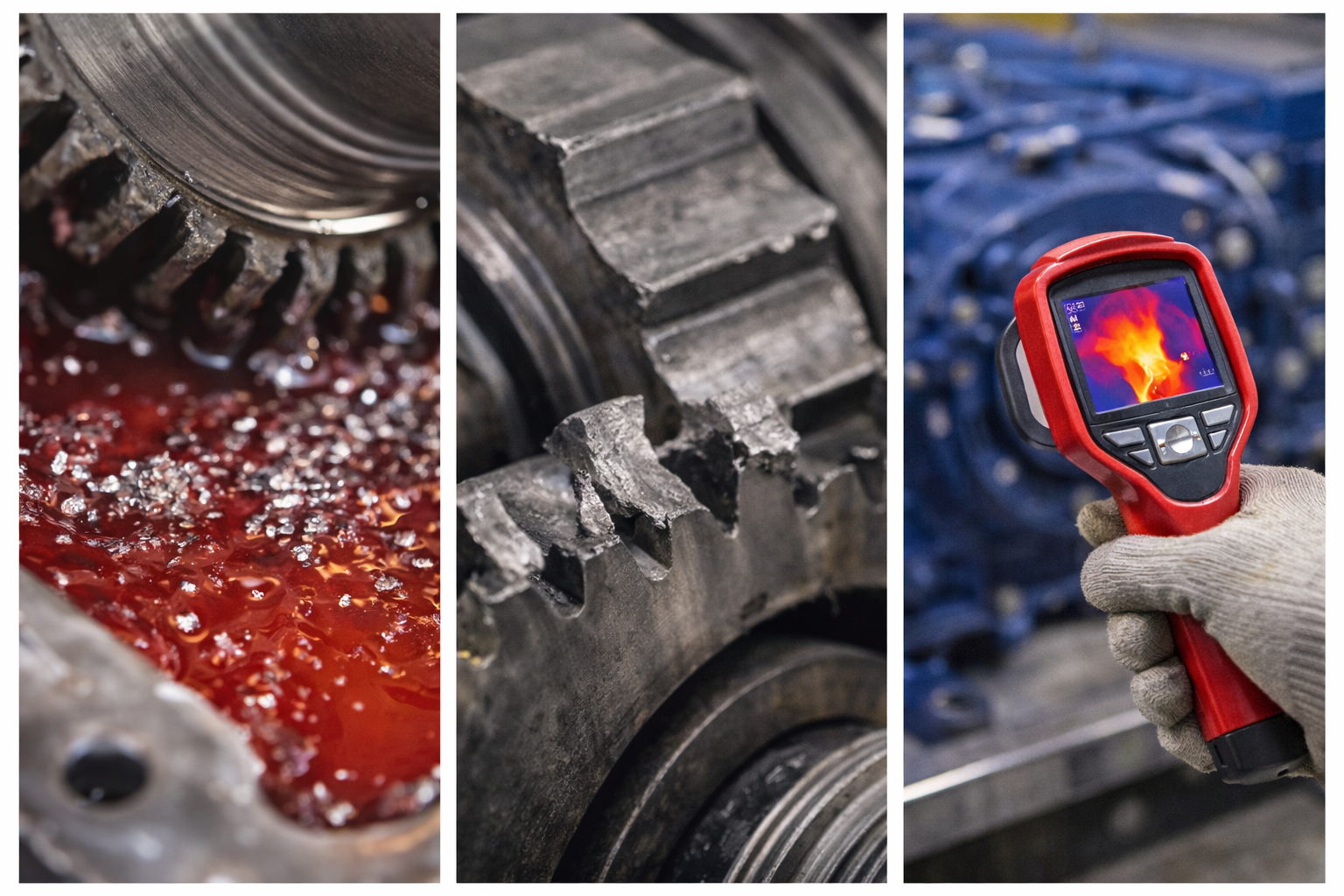 Industrial gearbox failure causes including lubrication contamination gear damage and overheating inspection