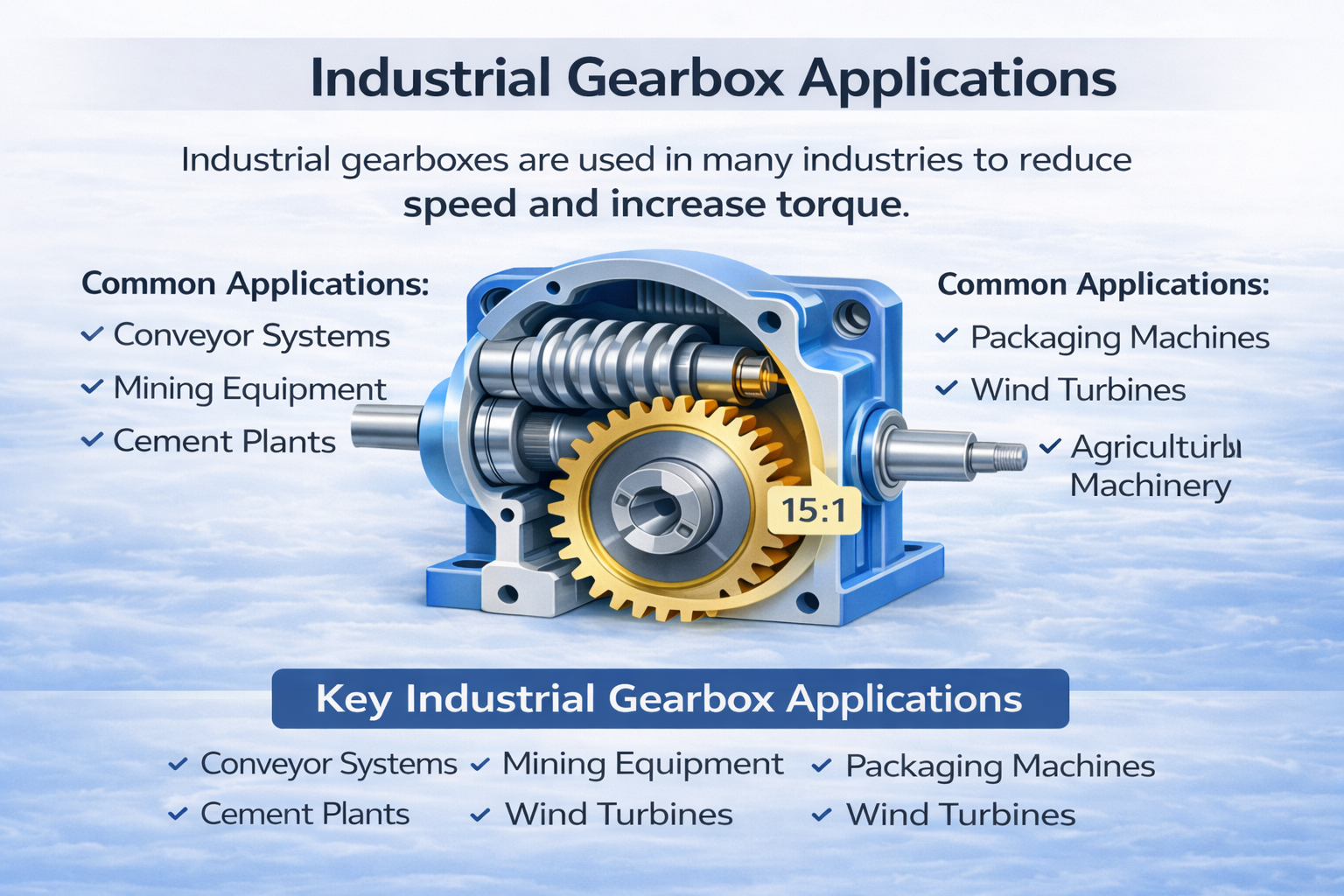 Illustration of an industrial gearbox with internal gears, demonstrating a 15:1 reduction ratio. The diagram highlights input and output shafts and explains gearbox selection based on torque, motor speed, load type, environment, efficiency, and service factor for reliable industrial performance.