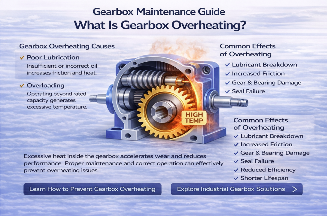 Industrial gearbox overheating causes and solutions diagram showing lubrication failure, excessive load and temperature rise in gear reducer systems