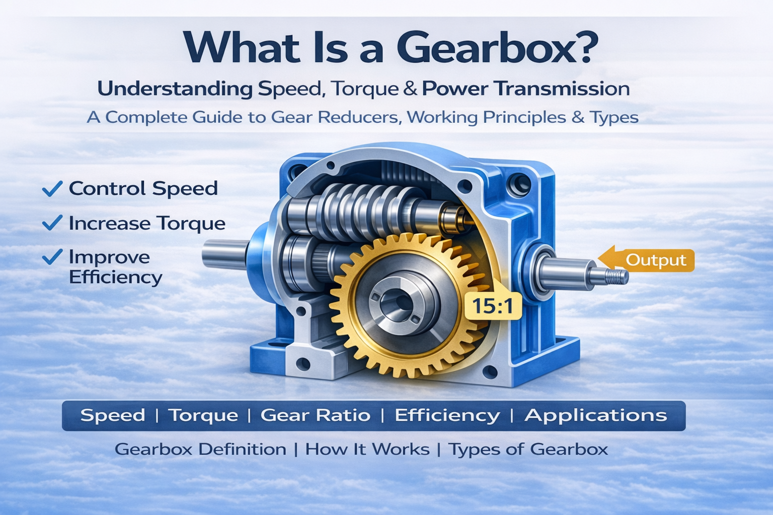 What Is a Gearbox?
Understanding Speed, Torque & Power Transmission A Complete Guide to Gear Reducers, Working Principles & TypesControl Speed
Increase Torque
Improve Efficiency