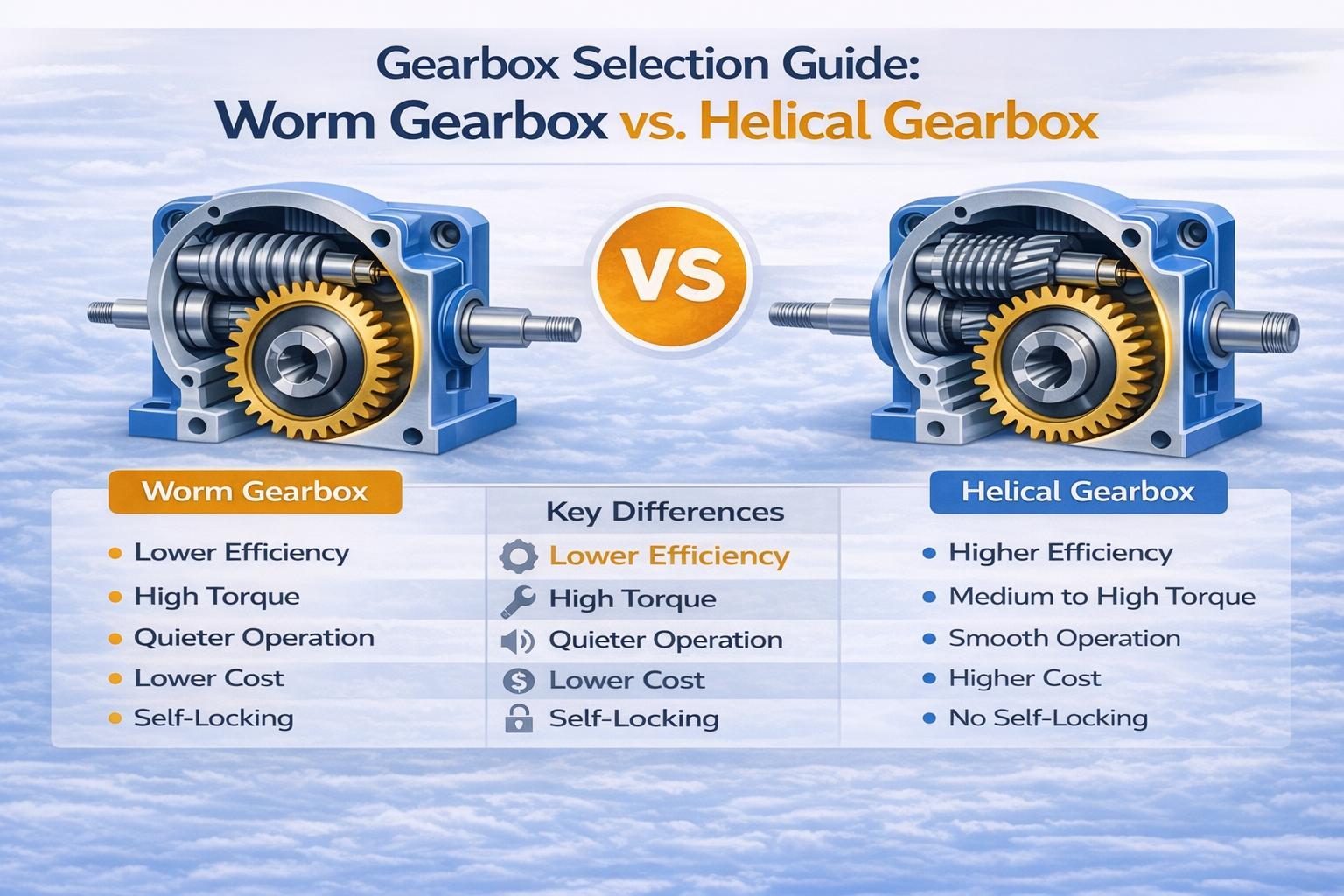 Industrial worm gearbox vs helical gearbox comparison chart highlighting efficiency, torque capacity, noise level, cost and application differences