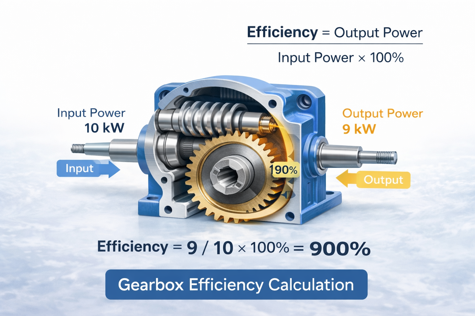 gearbox efficiency calculation example showing input power output power and efficiency formula