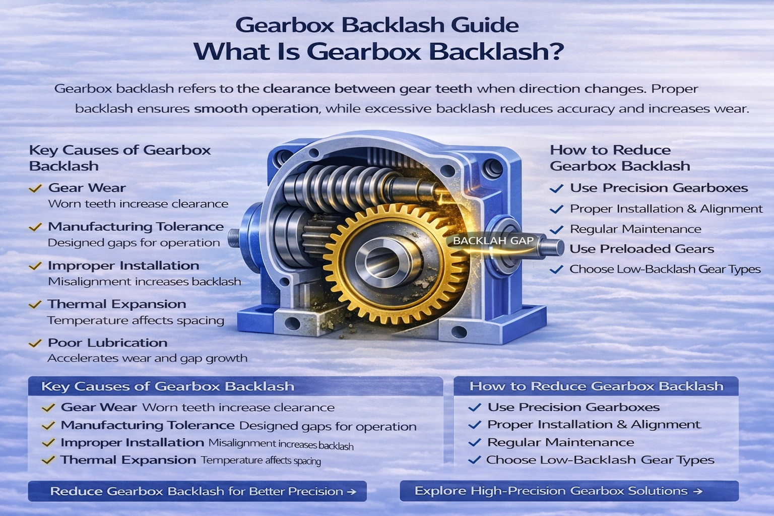 Gearbox backlash infographic showing gear clearance between teeth, causes such as wear and misalignment, and methods to reduce backlash for improved precision and performance in industrial gear systems.