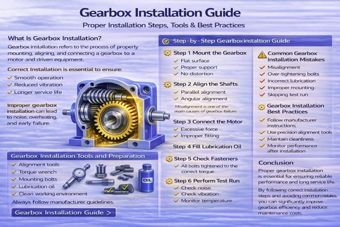Gearbox Installation Guide infographic: proper steps, tools, best practices, common mistakes, and tips for industrial gearbox setup, alignment, lubrication, and maintenance